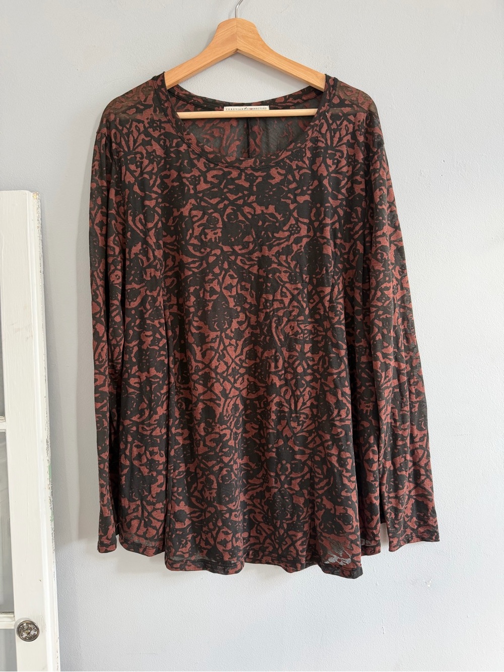 Peruvian Connection Ankara Burnout Long Sleeve Top Brown Black XL